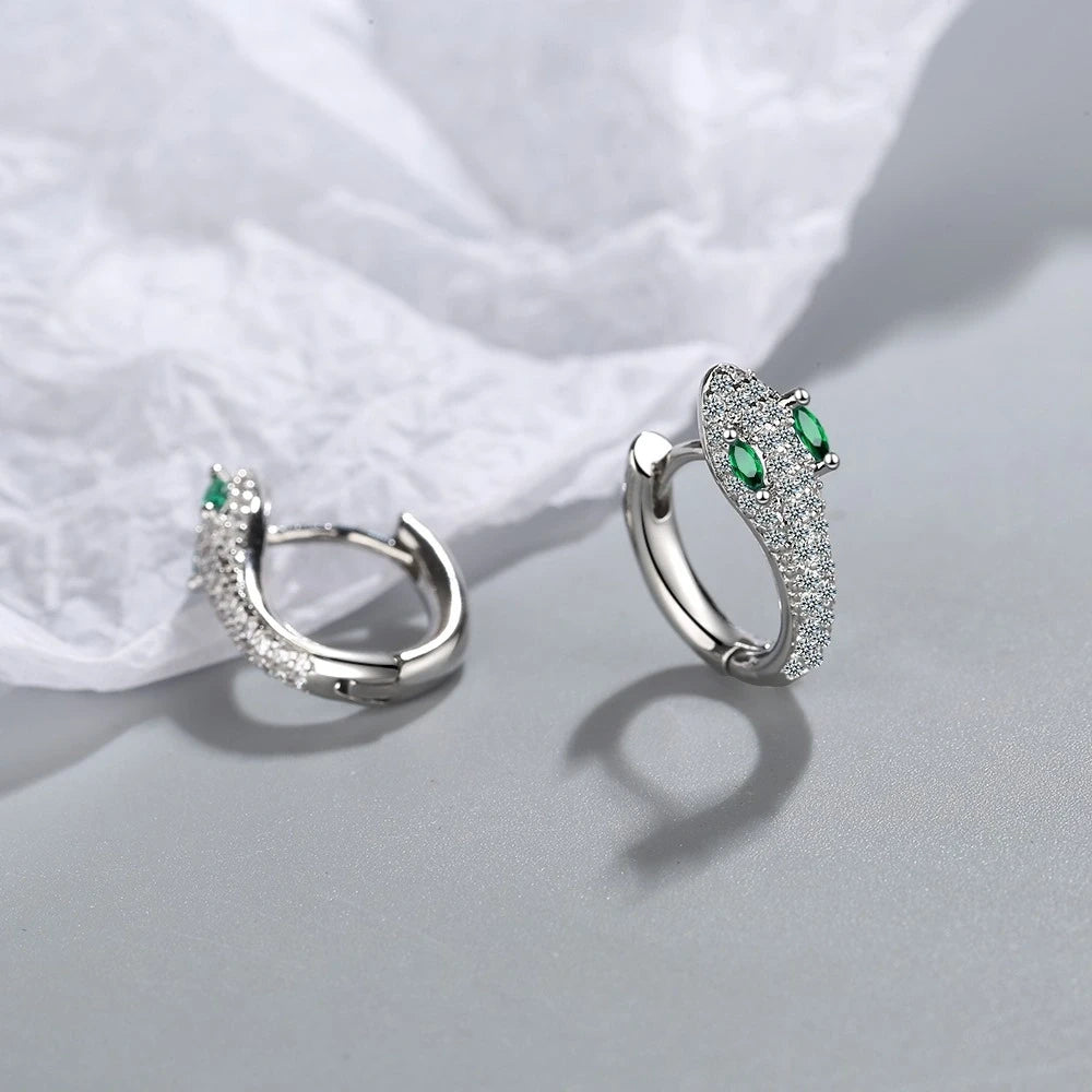 Boucles d'oreilles serpent aux yeux verts argentés