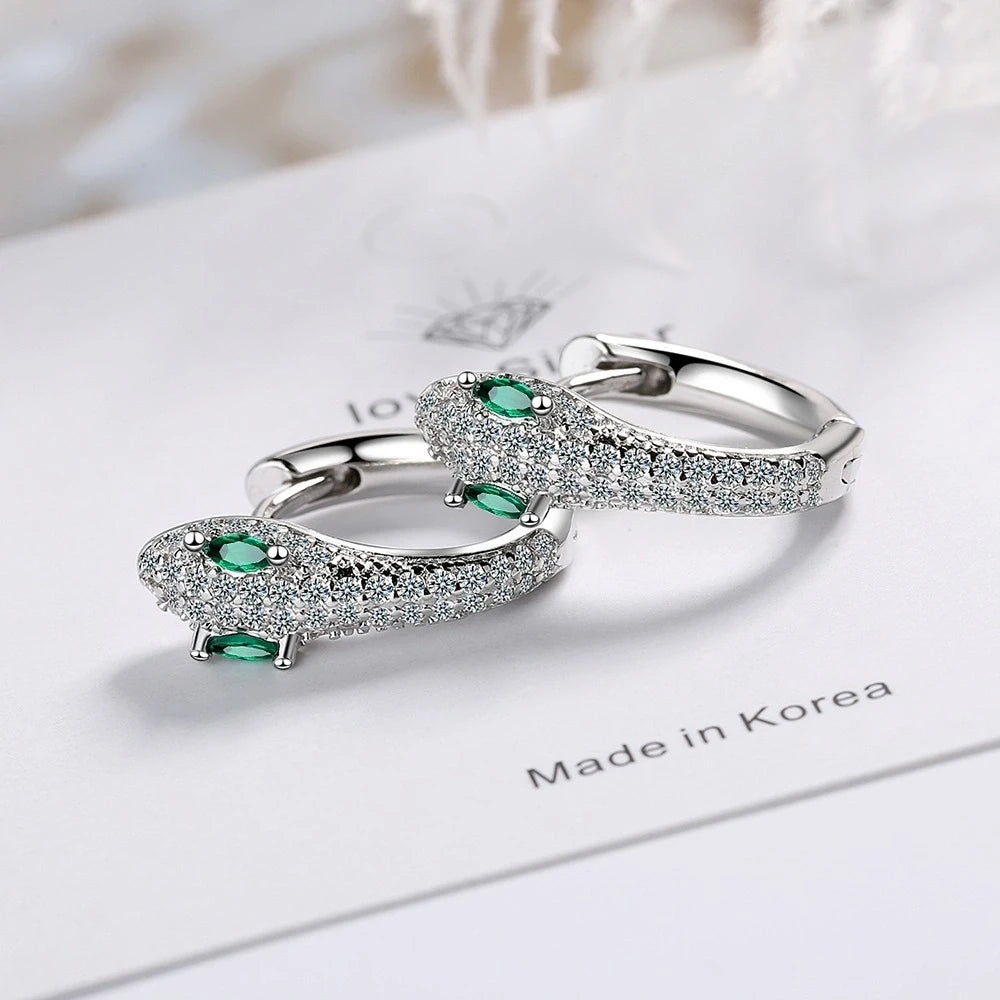 Boucles d'oreilles serpent aux yeux verts argentés